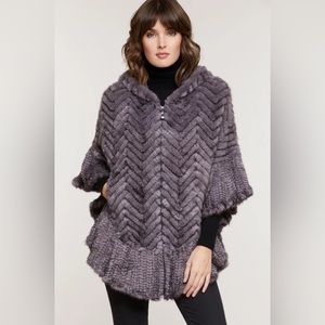 Grey hooded zip-front herringbone knitted real mink fur poncho cape
